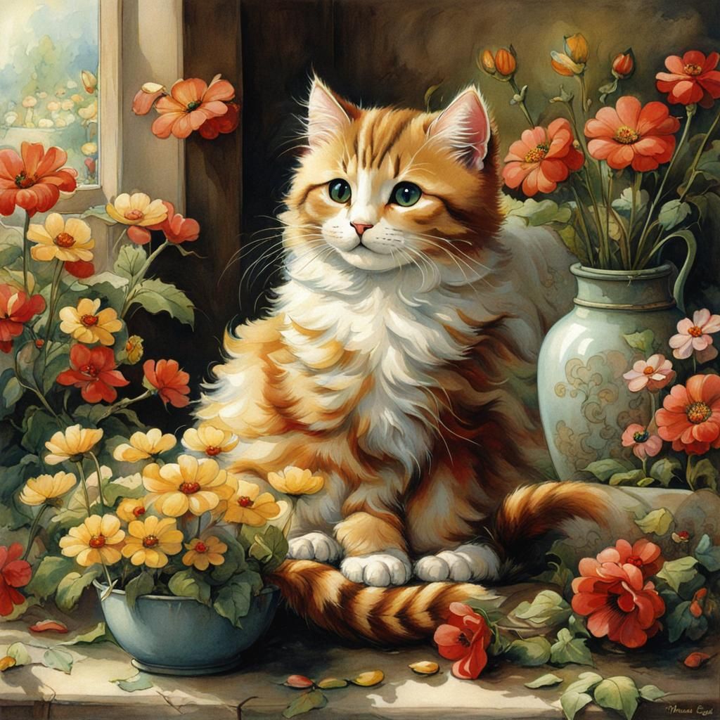 Cat Surrounded by Flowers in Whimsical Style
