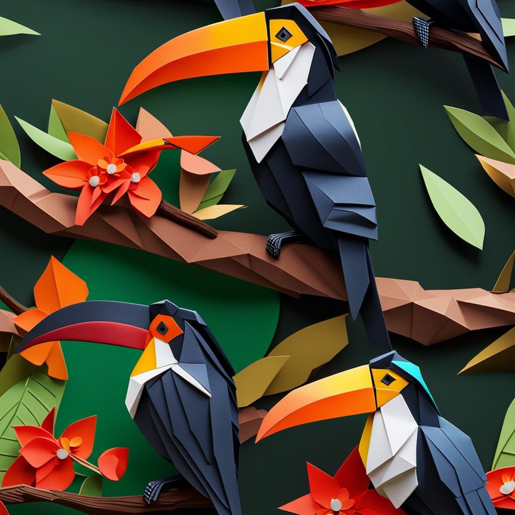 Intricate Origami Toucan in a Jungle Setting