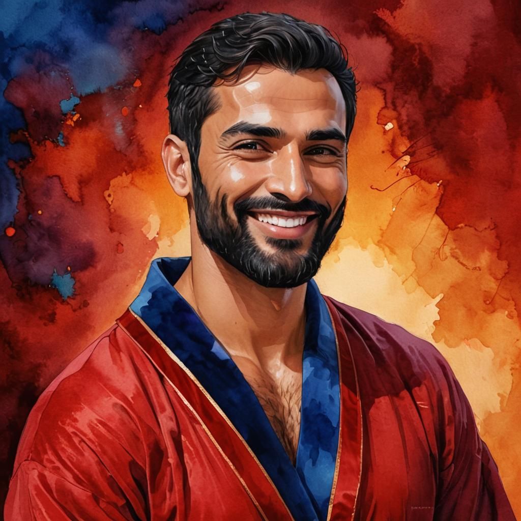 Cheerful Hirsute Man in Red Bathrobe, Impasto Oil Painting