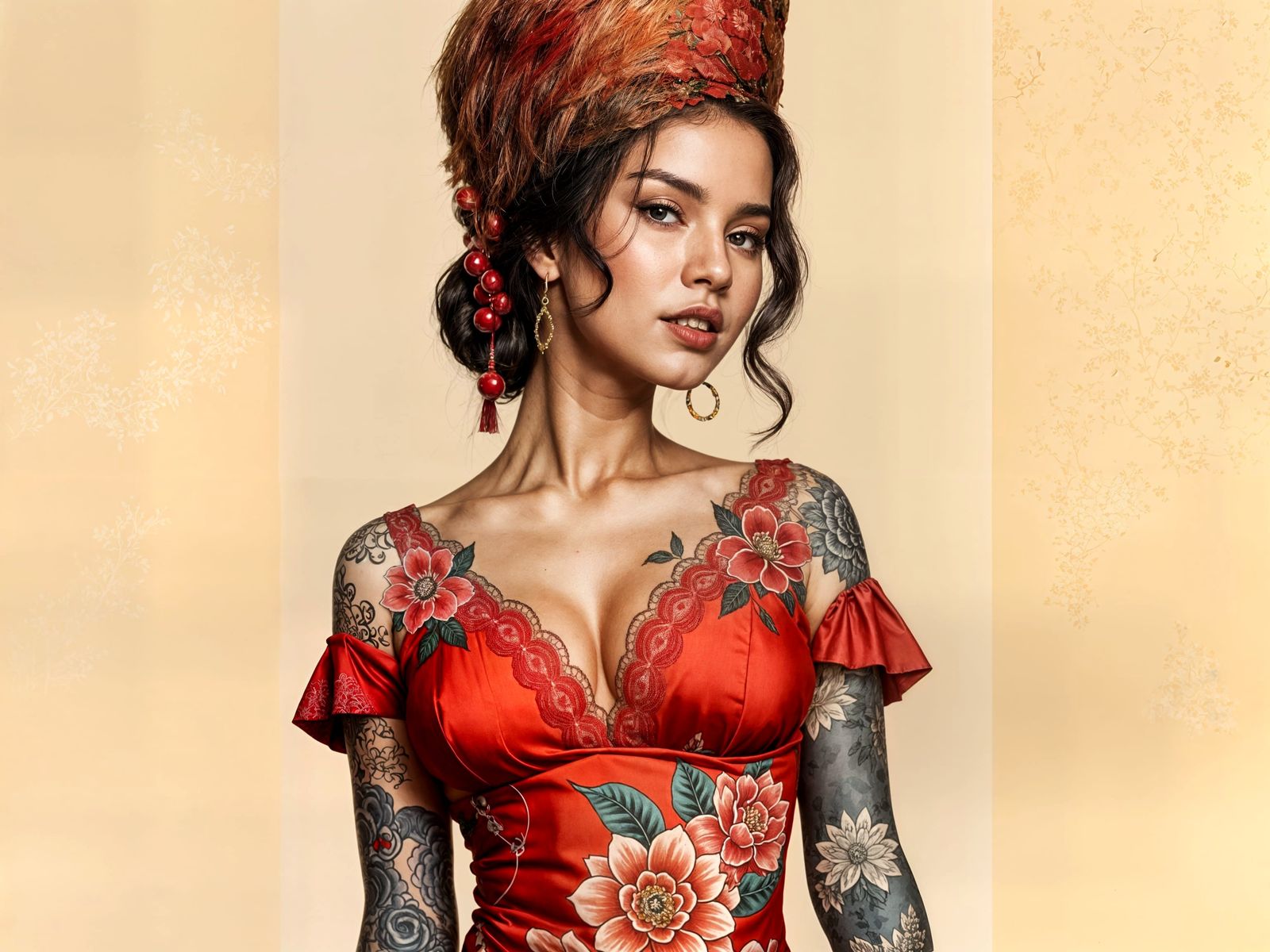 Beautiful Asian Woman in Kimono with Japanese Tattoos