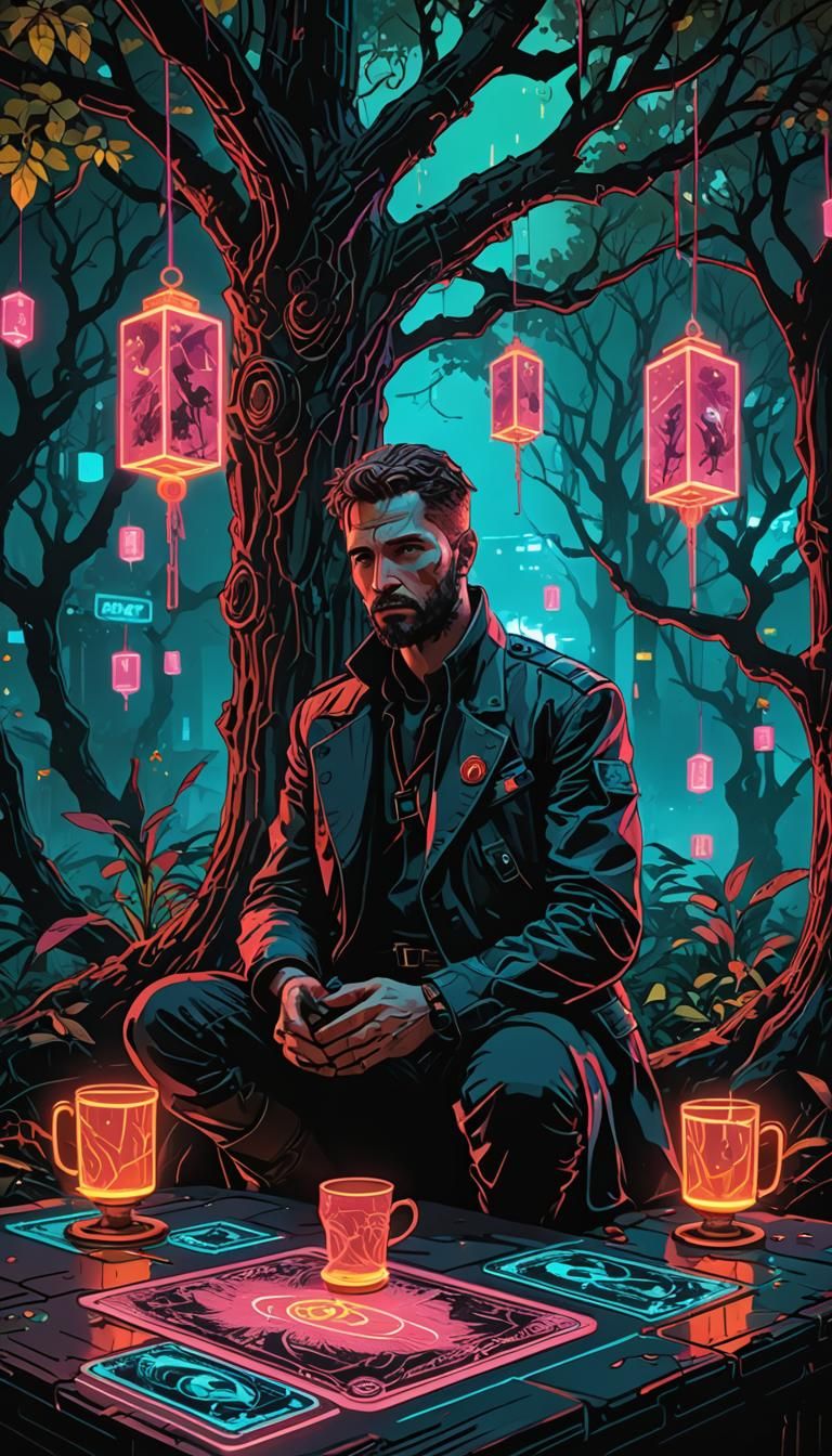 Four of Cups Tarot Card in Cyberpunk Style