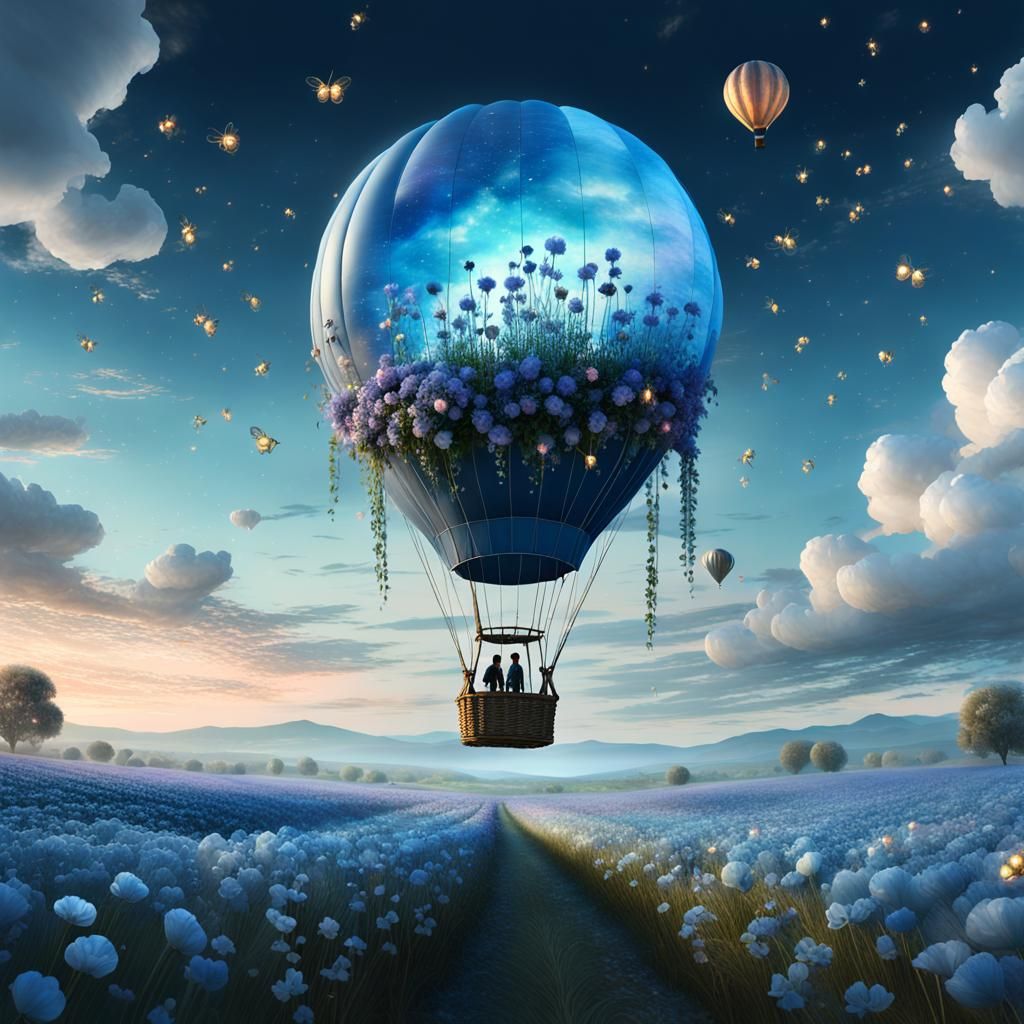 Enchanted Floral Air Balloon Over Pastel Clouds