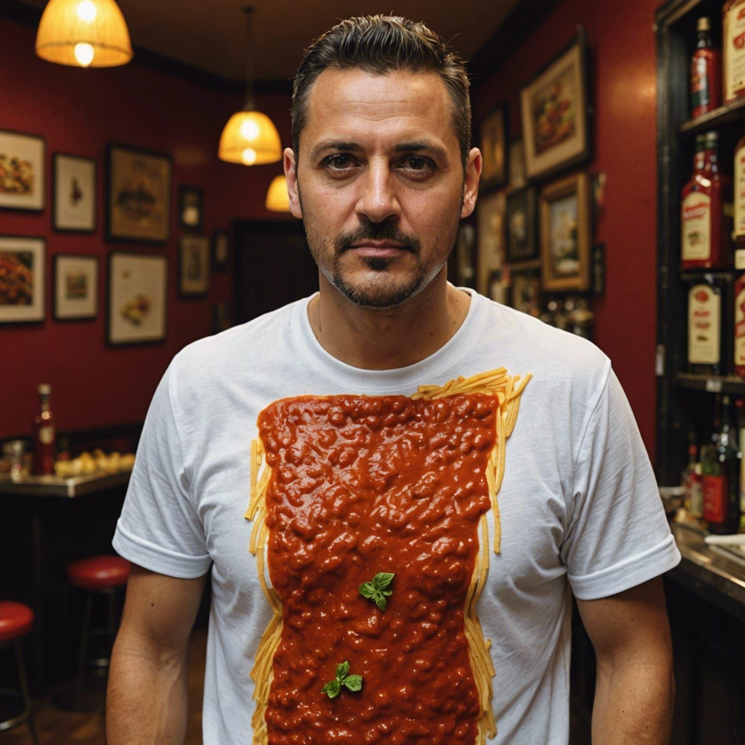 Realistic Bartender Portrait with Pasta Stain