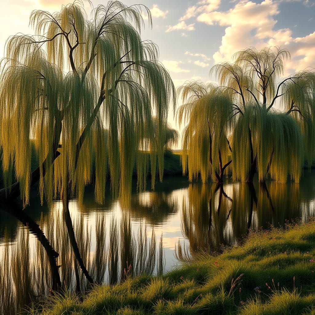 Surreal Weeping Willows Reflected in Golden Hour Light