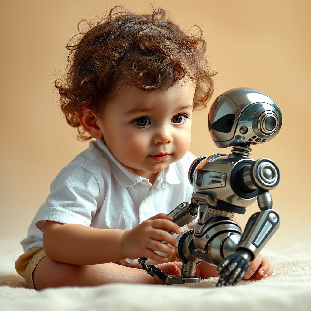 Child and Robot Toy in Hyperrealistic Sci-Fi