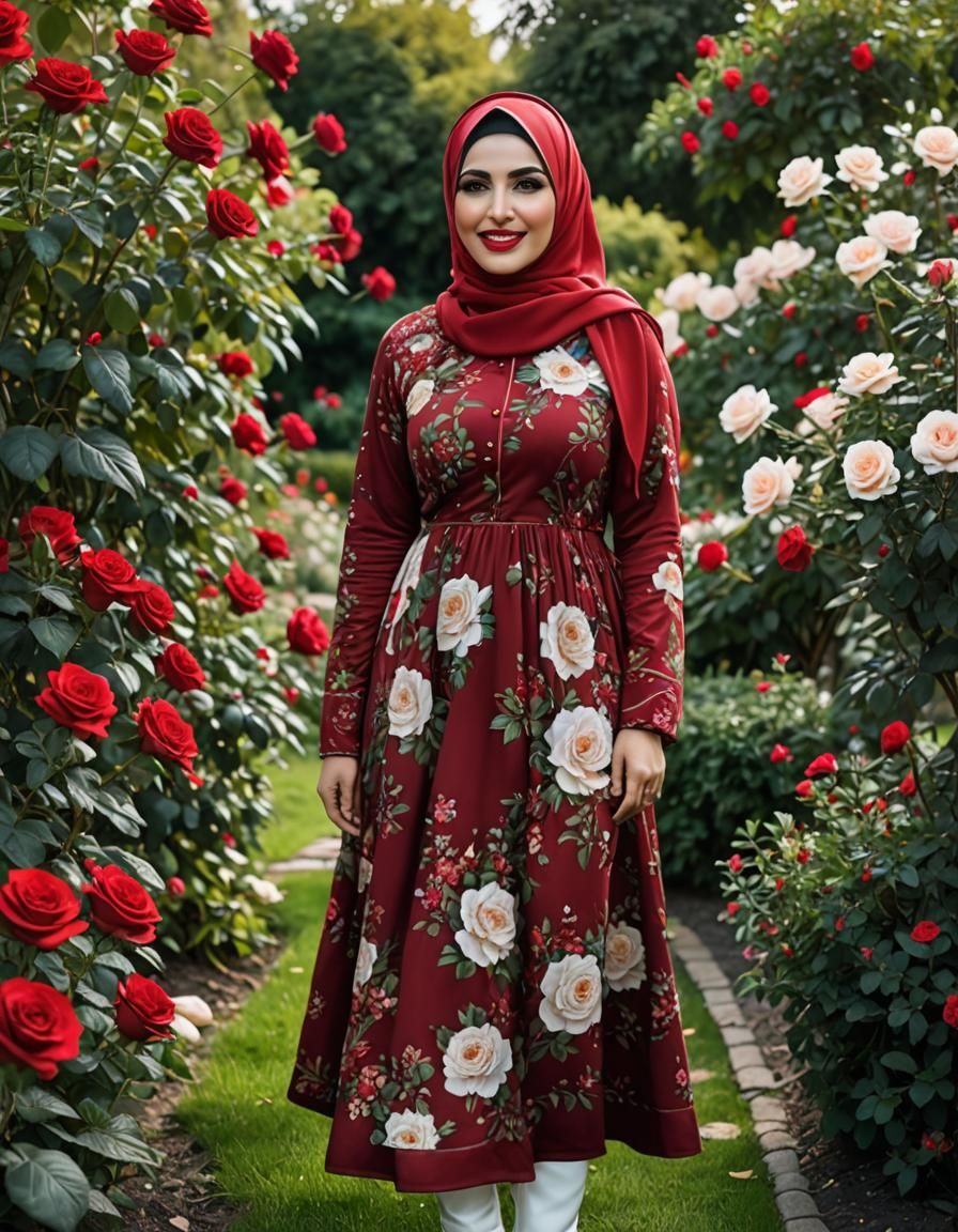 Elegant Middle Eastern Woman in Rose Garden
