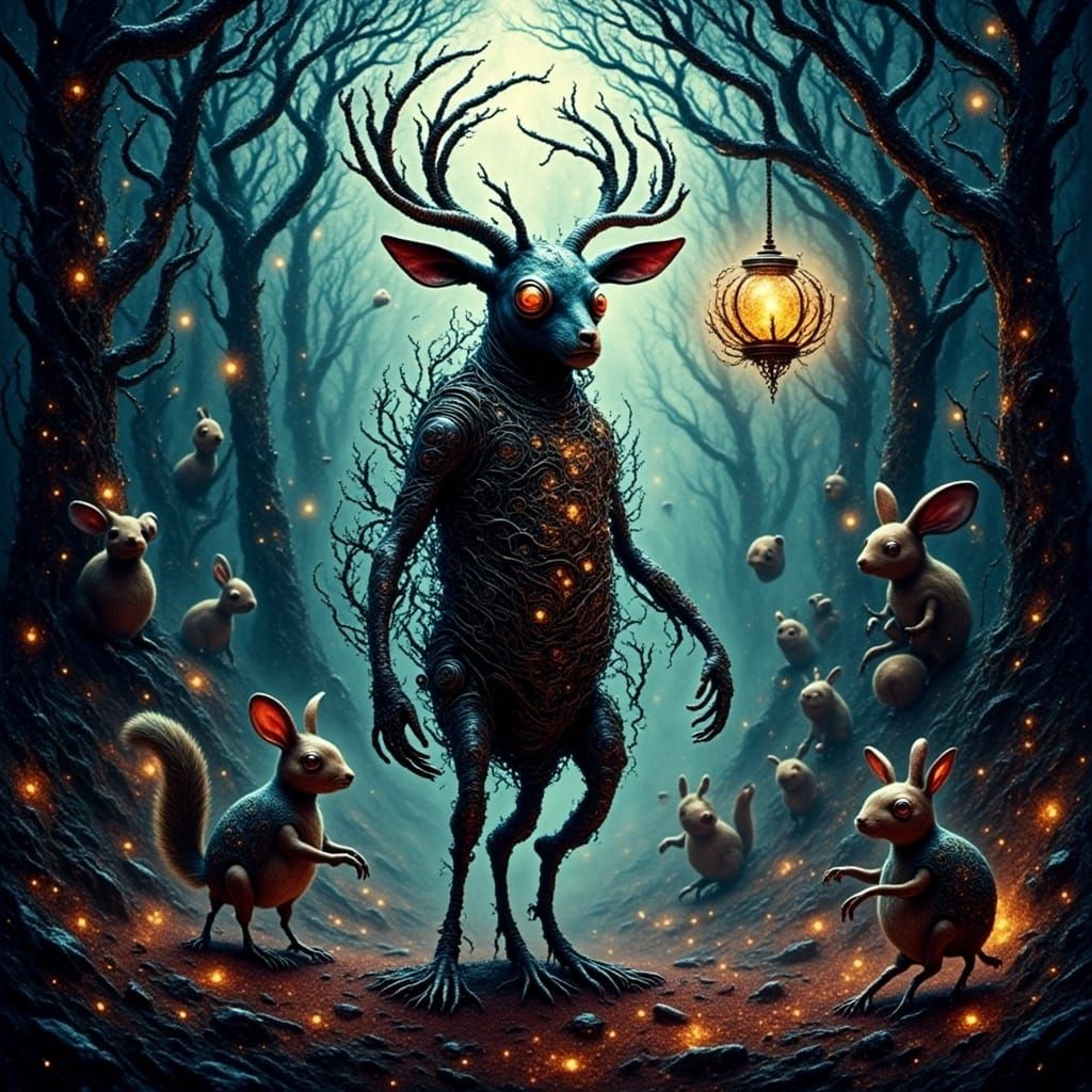 Surreal Wendigo in Whimsical Woodland Dreamscape