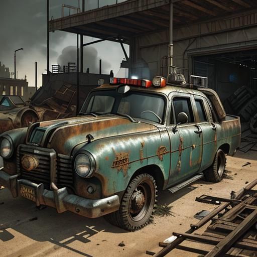 Post-Apocalyptic Steampunk Chevy Police Car in Junkyard