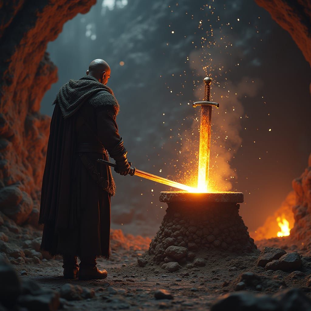 Nordthra Warrior Forging Sword Under Cosmic Skies