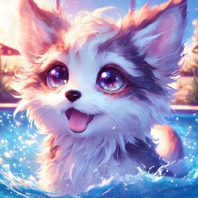 Happy Mythical Dog Swimming Pool Portrait