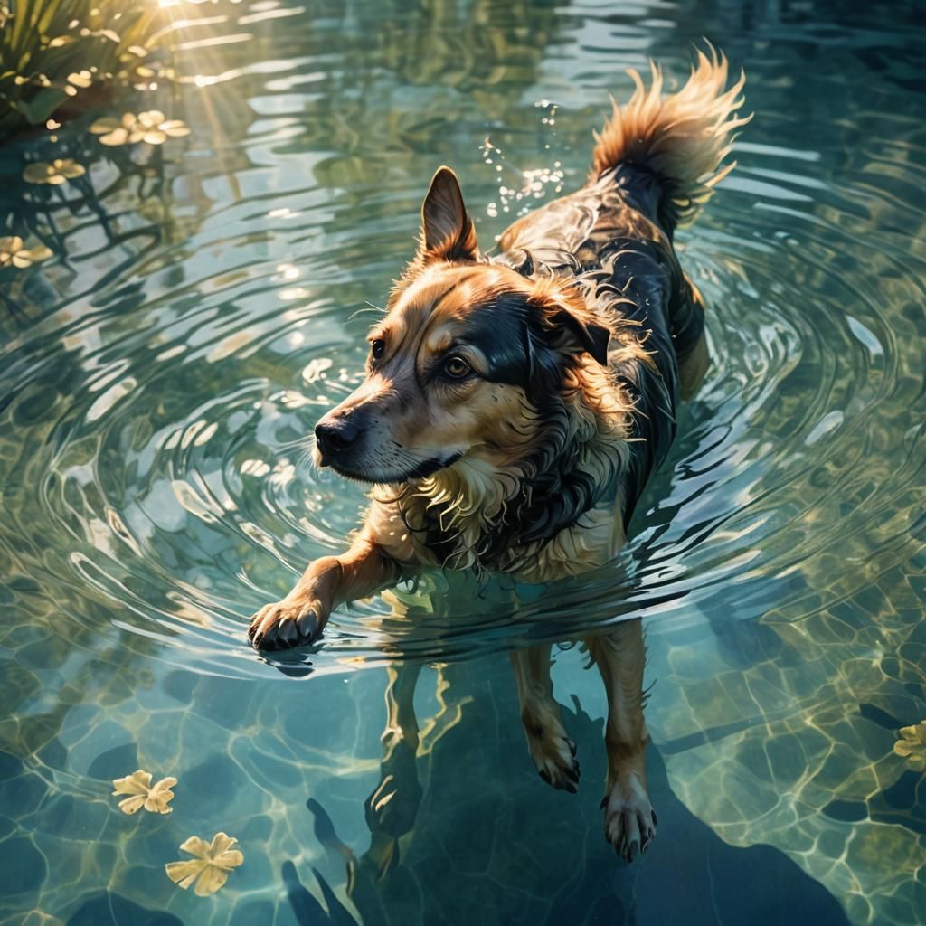 Dog Swimming in Pool: Dreamy Watercolor Digital Art