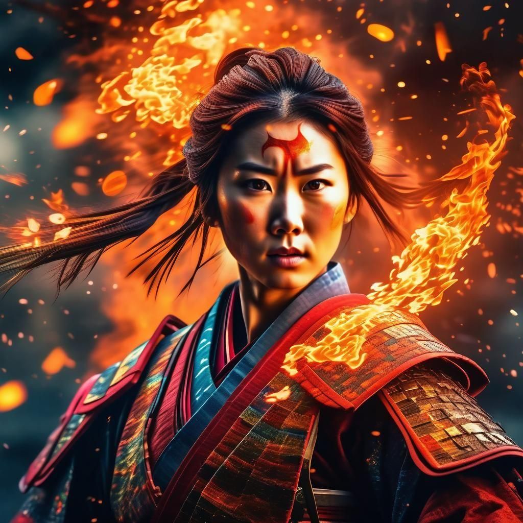 Fiery Samurai: Holographic Cosmic Illustration