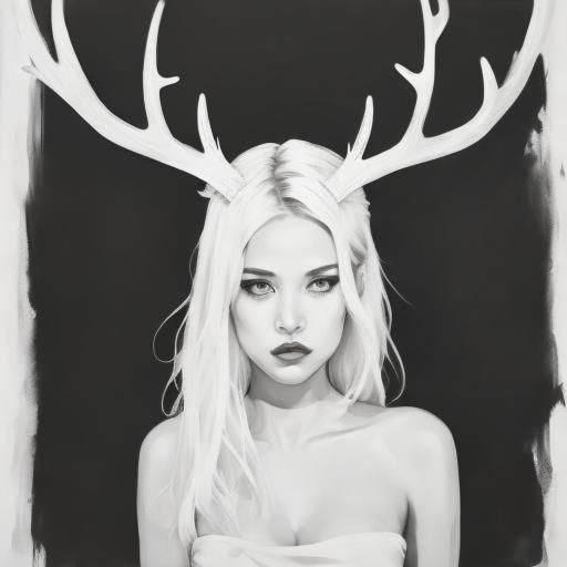 Minimalist Woman with Antlers in India Ink Drawing