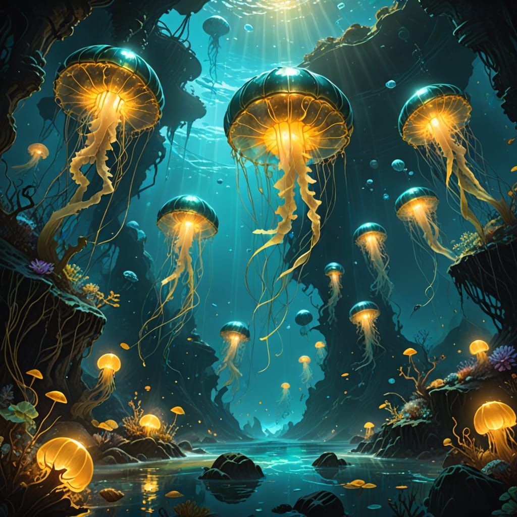 Dark Fantasy Ocean Floor with Jellyfish Lanterns
