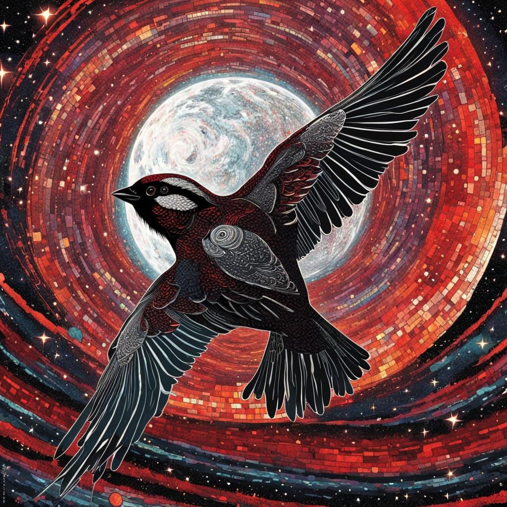 Tree Sparrow Soaring in Sci-Fi Fantasy Sky