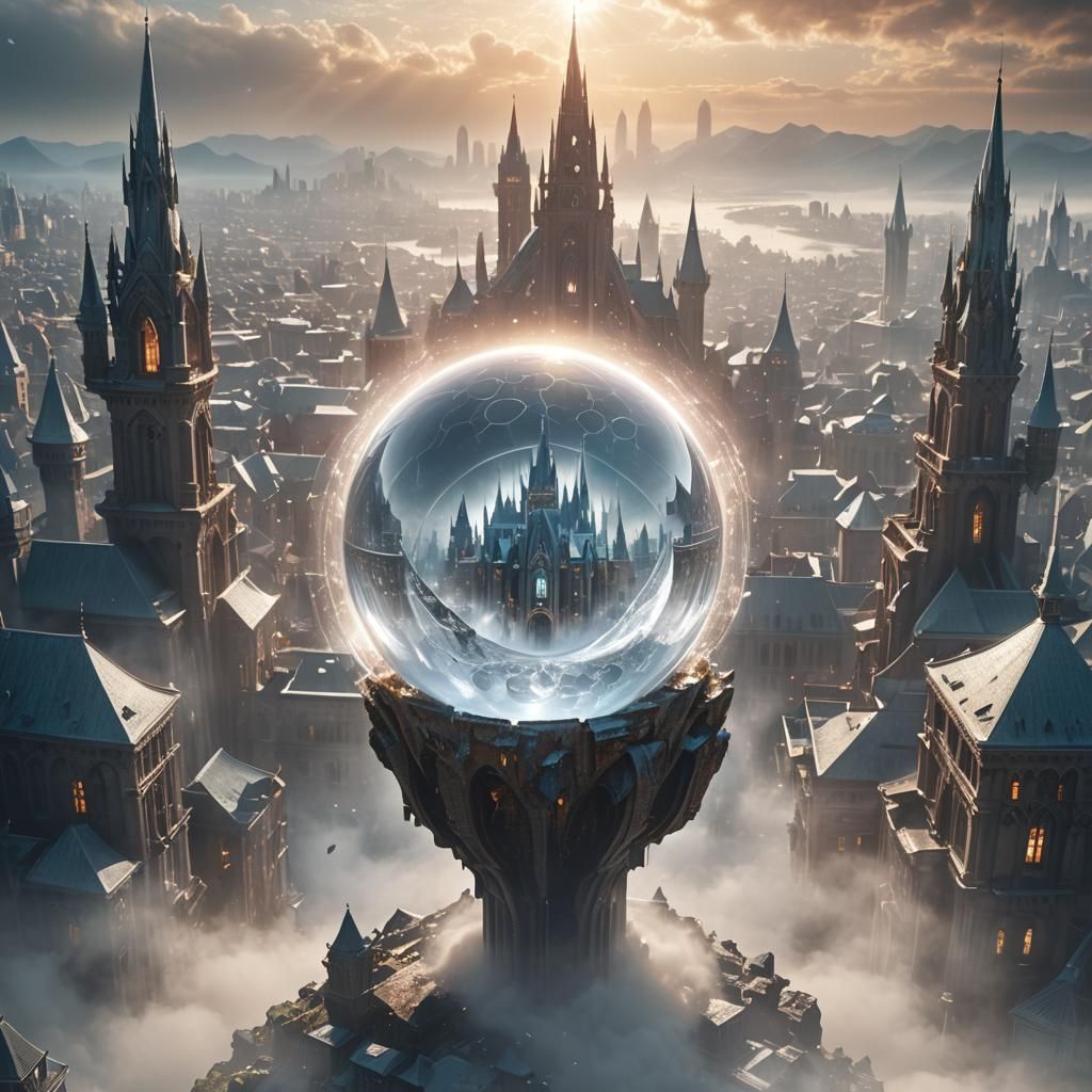 Crystal Ball Reflecting a Mystical Cityscape