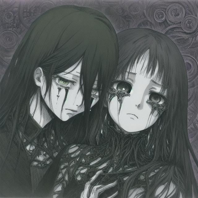 Gothic Anime Yuri Kiss in Manga Style