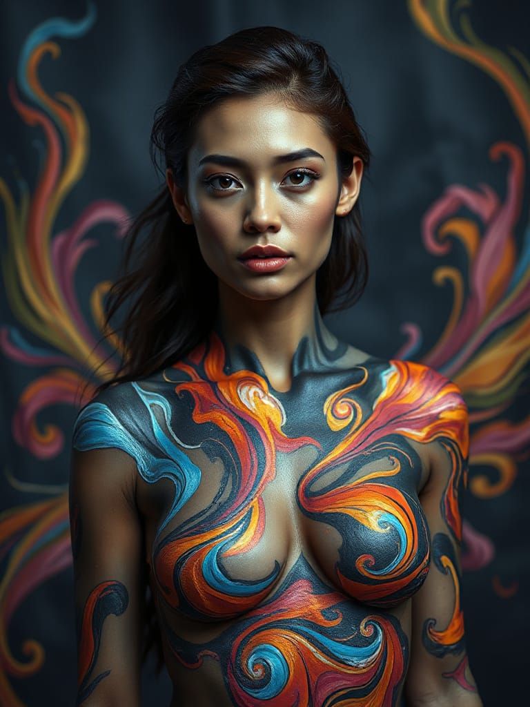 Elegant Woman in Vibrant Body Paint and Abstract Setting
