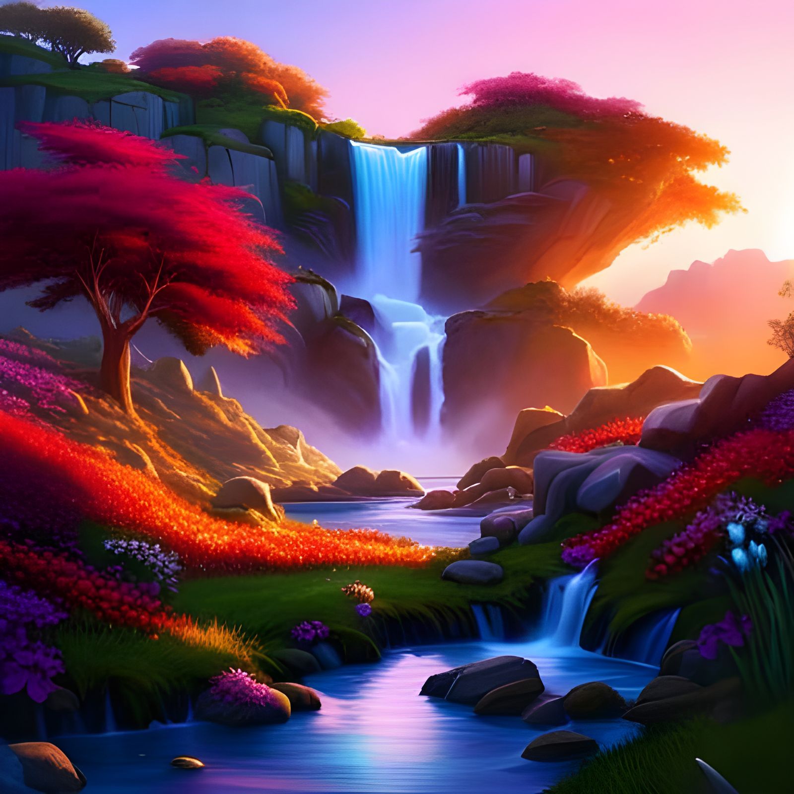 Fantasy Waterfall Sunset, Hyperdetailed Digital Art