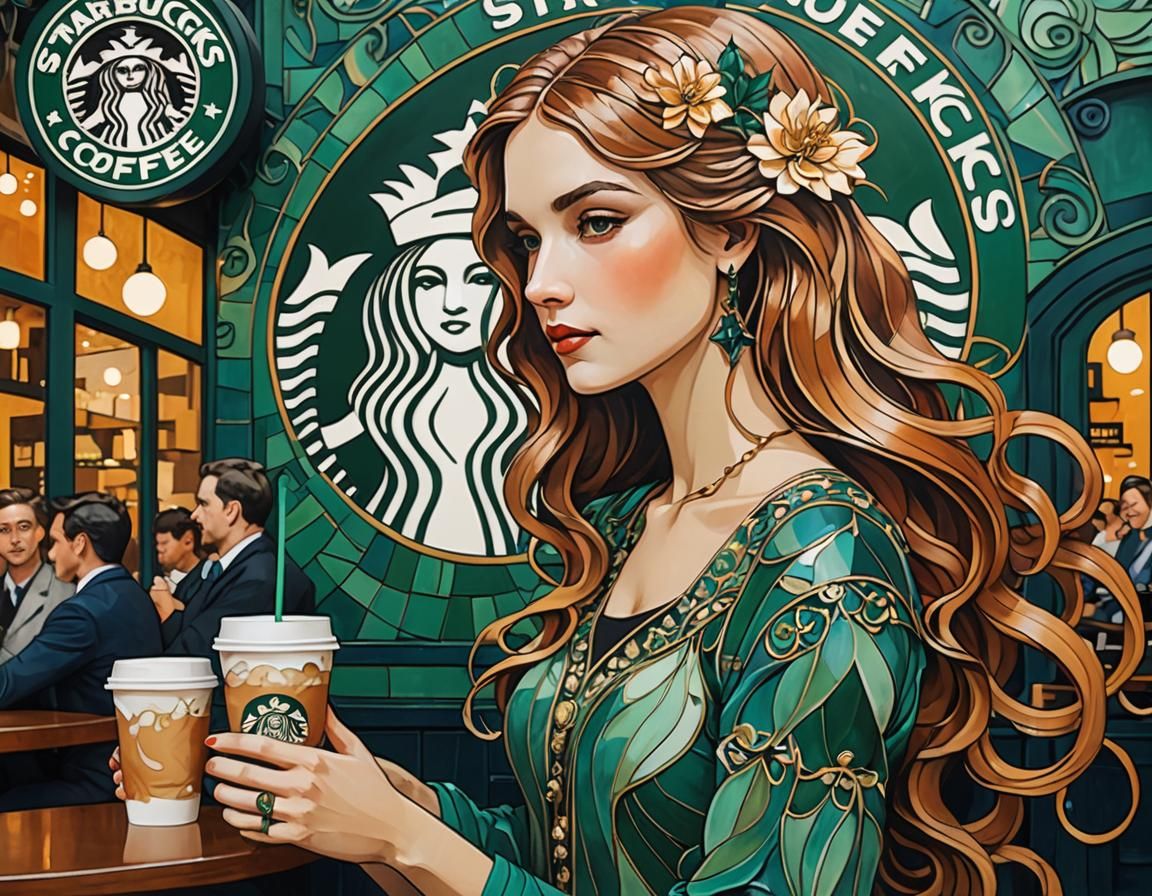 An art nouveau girl in Starbucks