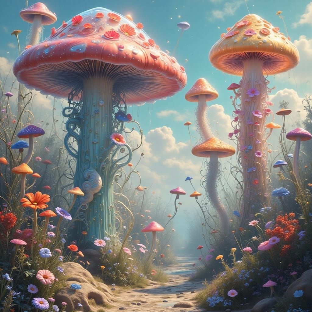 Surreal Alien Landscape with Vibrant Fungi