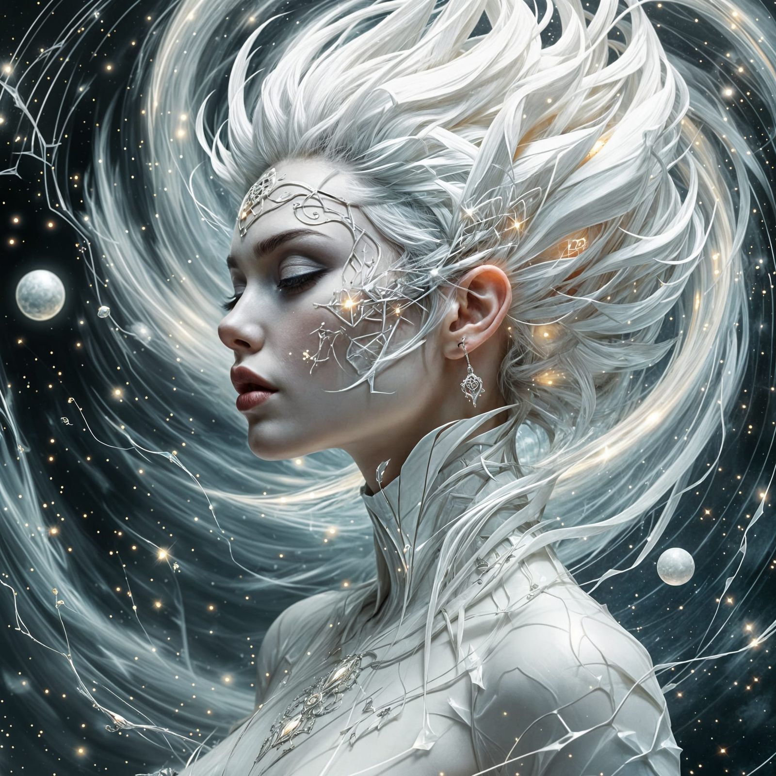 Geometric Hairstyle Portrait with Cosmic Nebula