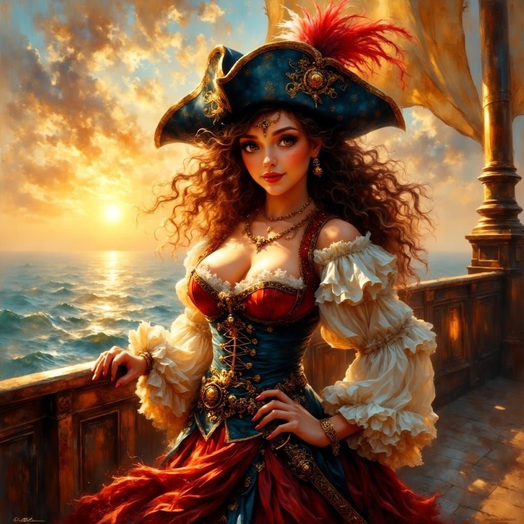 Enchanting Pirate Lass in Whimsical Sunset Scene