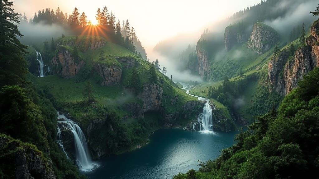Cascading Waterfalls in Misty Valley Landscape