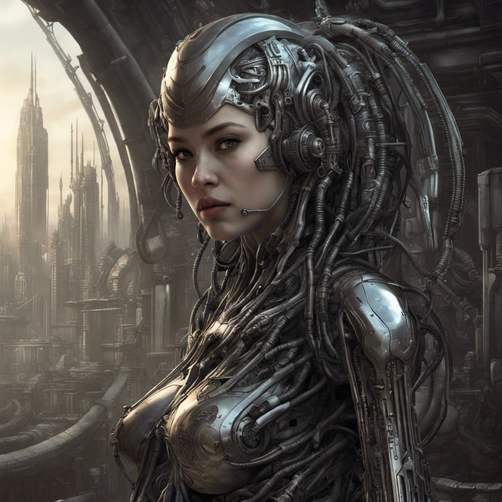 Cyberpunk Biomechanical Cyborg Queen in Dark City