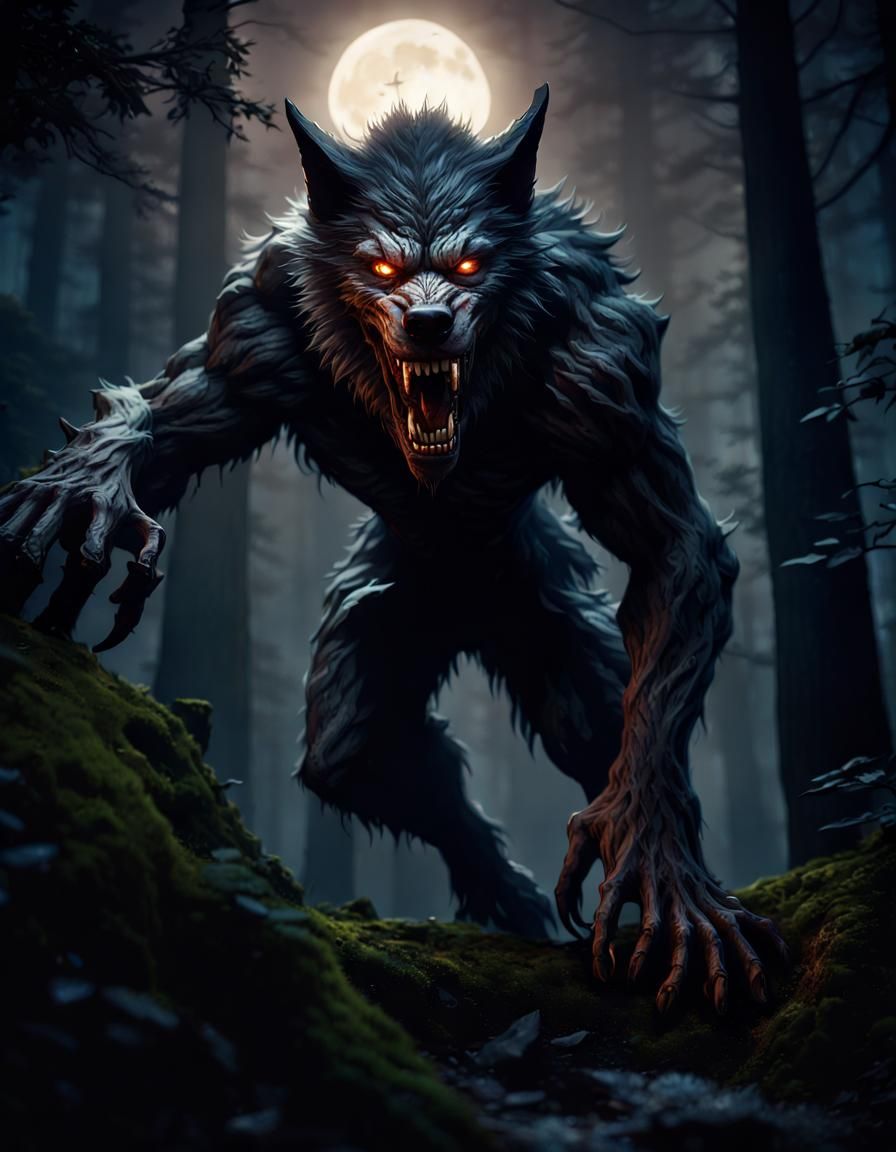 Mysterious Werewolf in Dark Forest: Detailed Matte Painting