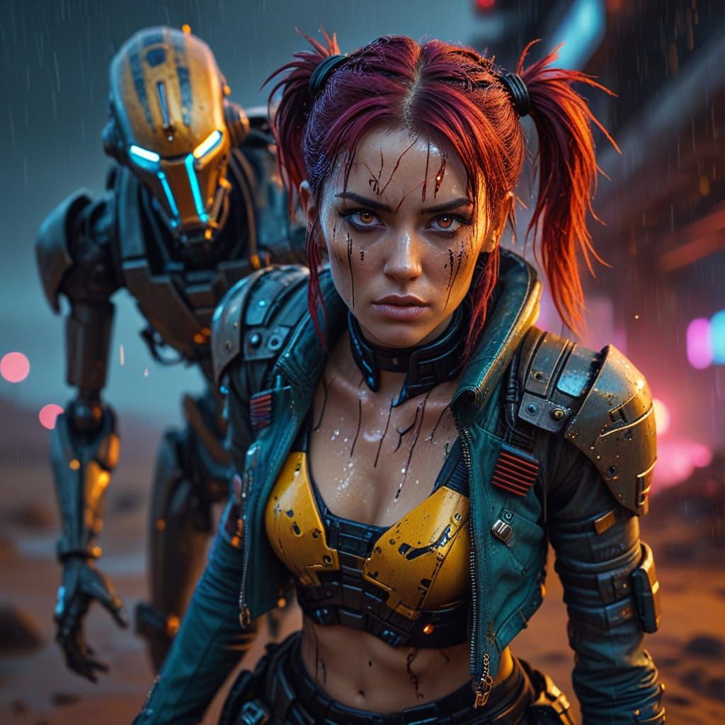 Glowing Red-Eyed Cyberpunk Warrior Stares Up at City Lights