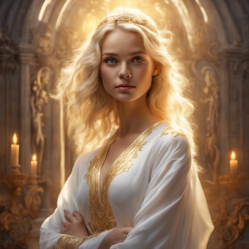 Portrait of Girl in White with Golden Hair