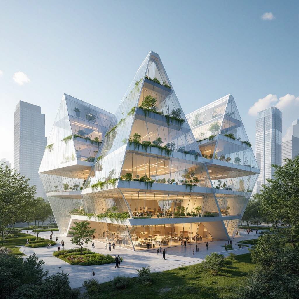 Futuristic Pyramid Primary School with Green Facade
