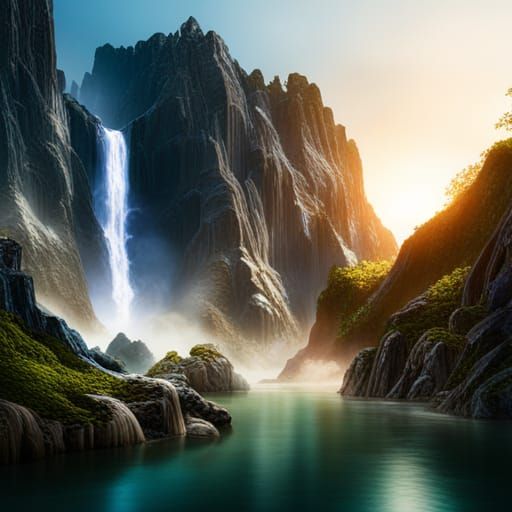 Fantastical Waterfall and Mountain Landscape