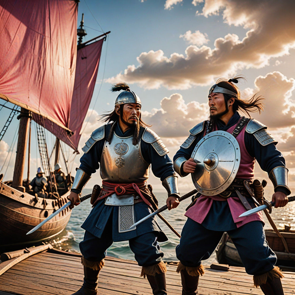 Mongol Warrior Engages Viking Opponent in Morning Battle