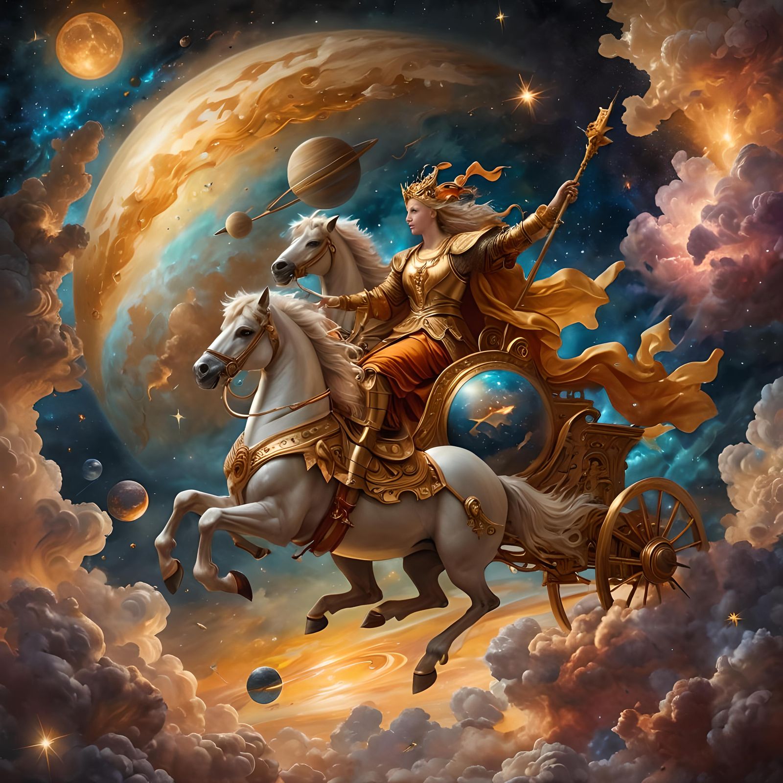 Renaissance Cosmic Voyage with Celestial Chariot