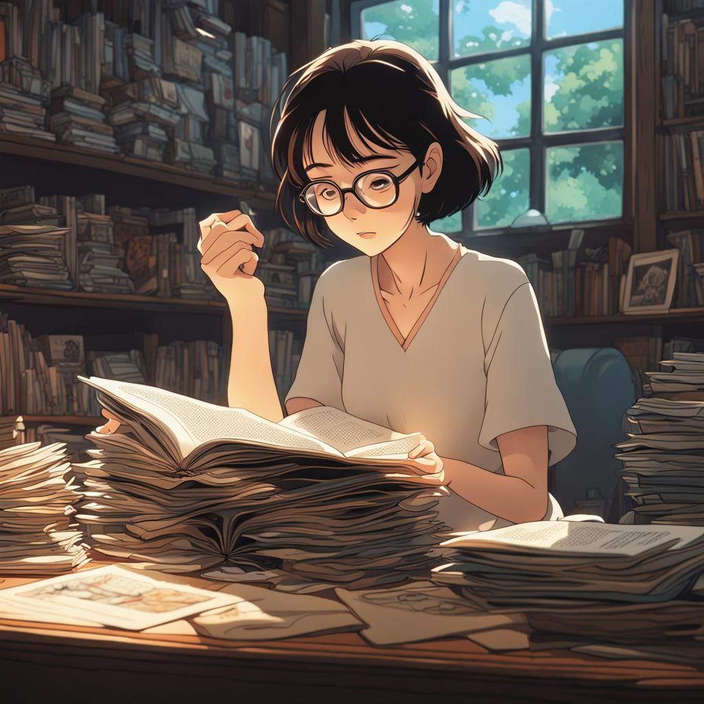 Woman Reading Comics in Anime Key Visual Style