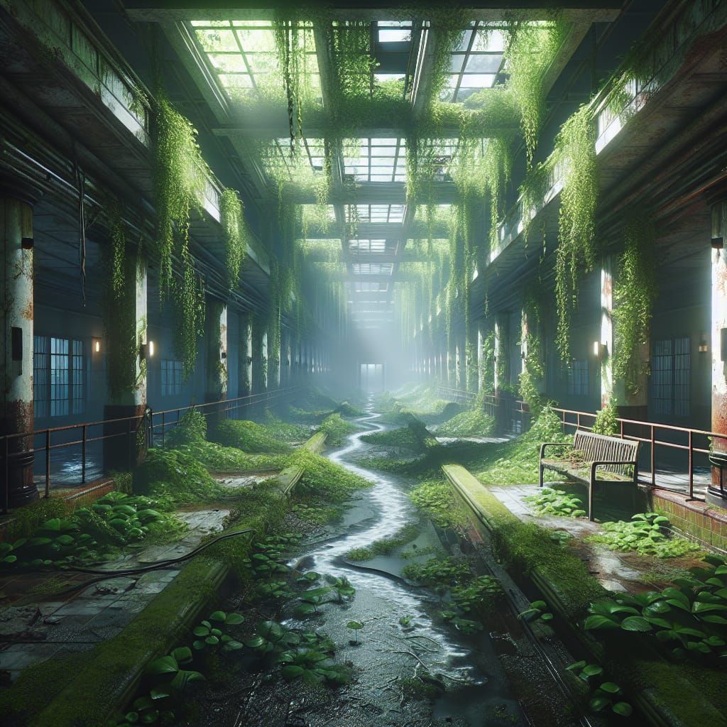 Photorealistic Overgrown Hospital Hallway at Night