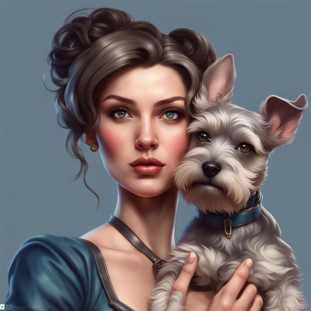 Victorian Pinup Girl Portrait with Dog, Hyperrealistic