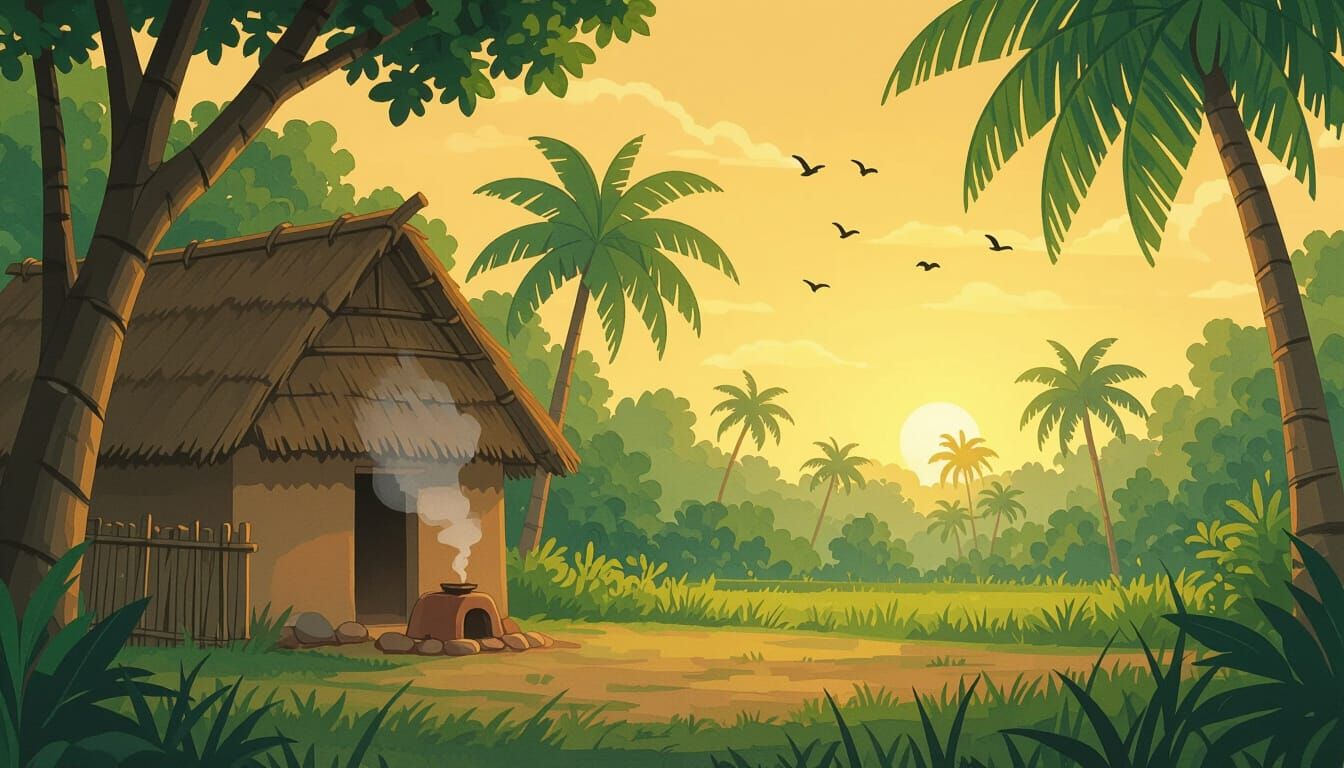 Bengali Village at Dawn in Studio Ghibli Cartoon Style