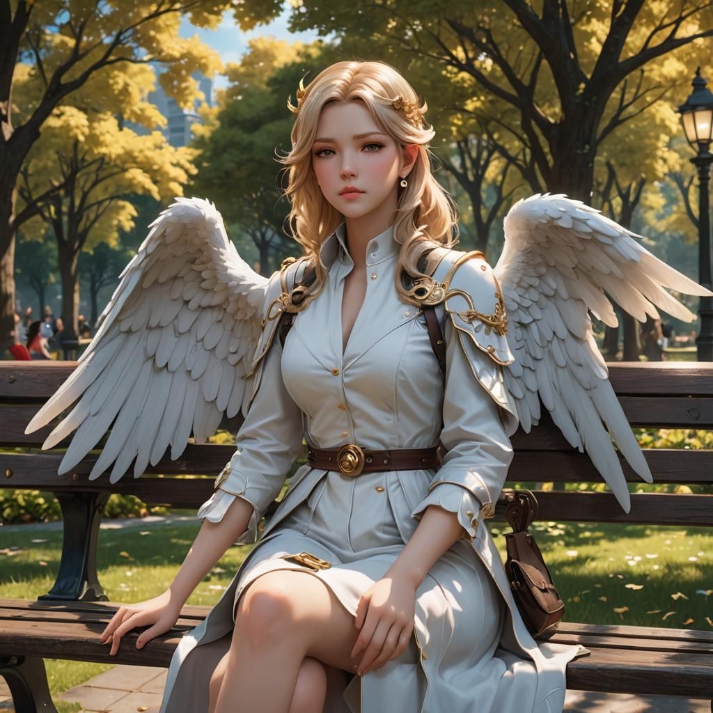 Clockwork Angel on Park Bench in 3D Anime Style