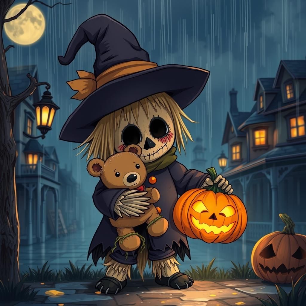 Cute Scarecrow in Halloween Town: Cel-Shaded Anime Art