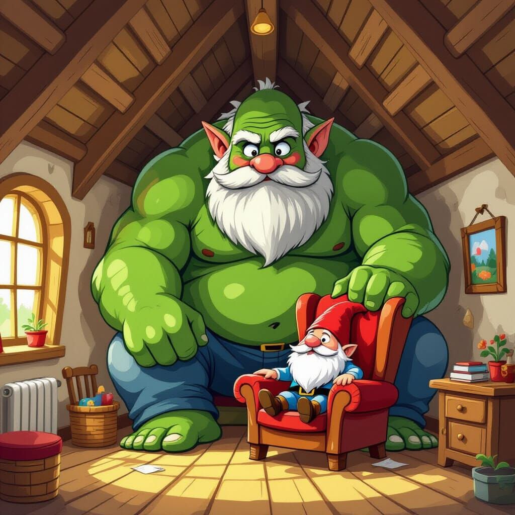 Giant Squeezes Into Tiny Gnome Hut and Chair