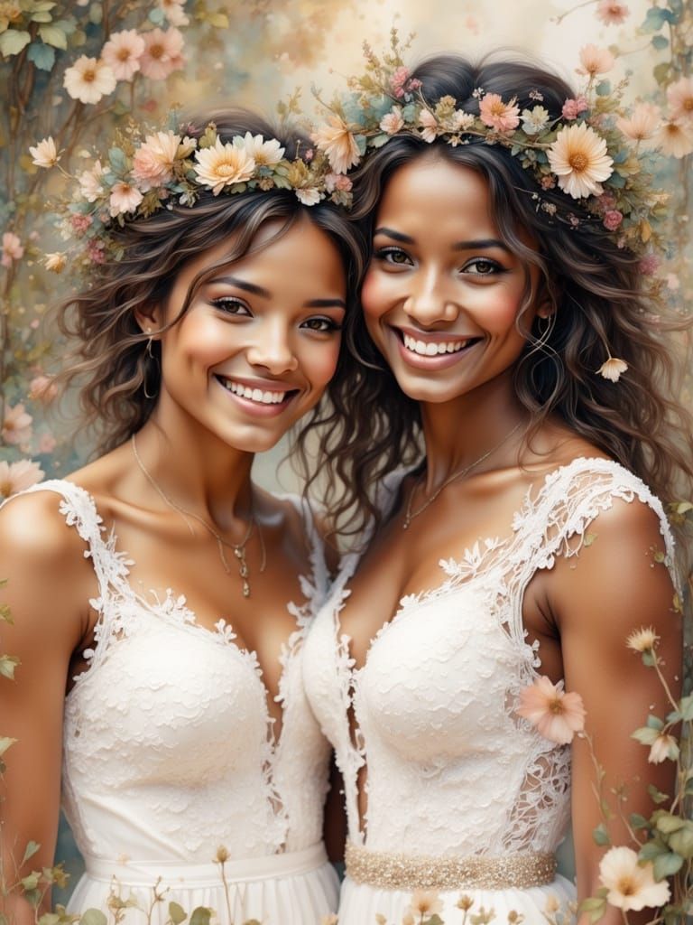 Happy Mixed-Race Lesbian Couple on Wedding Day