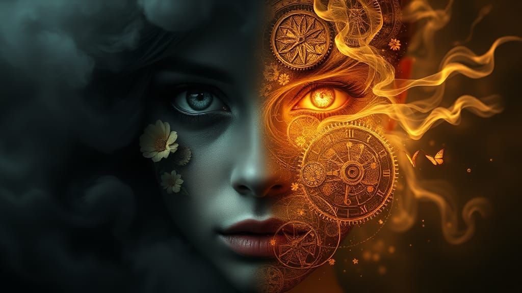 Contrasting Hemispheres: A Surreal Portrait in Dark Fantasy