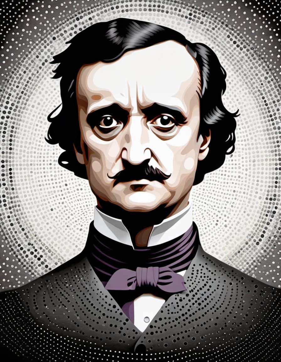 Edgar Allan Poe composed using the Benday dots technique. The portrait features recognizable features of Poe's face, cre...