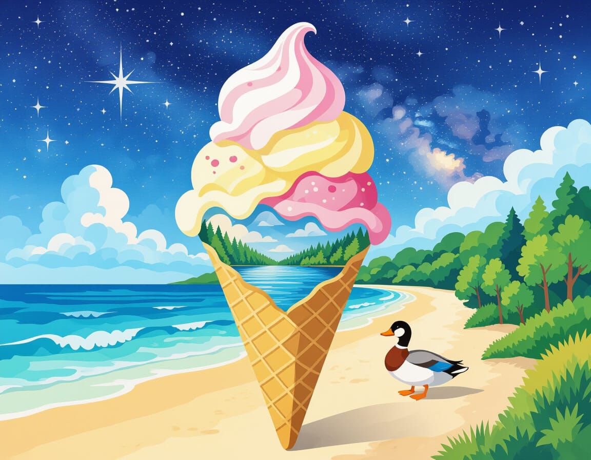 Surreal Ice Cream Landscape with Duck