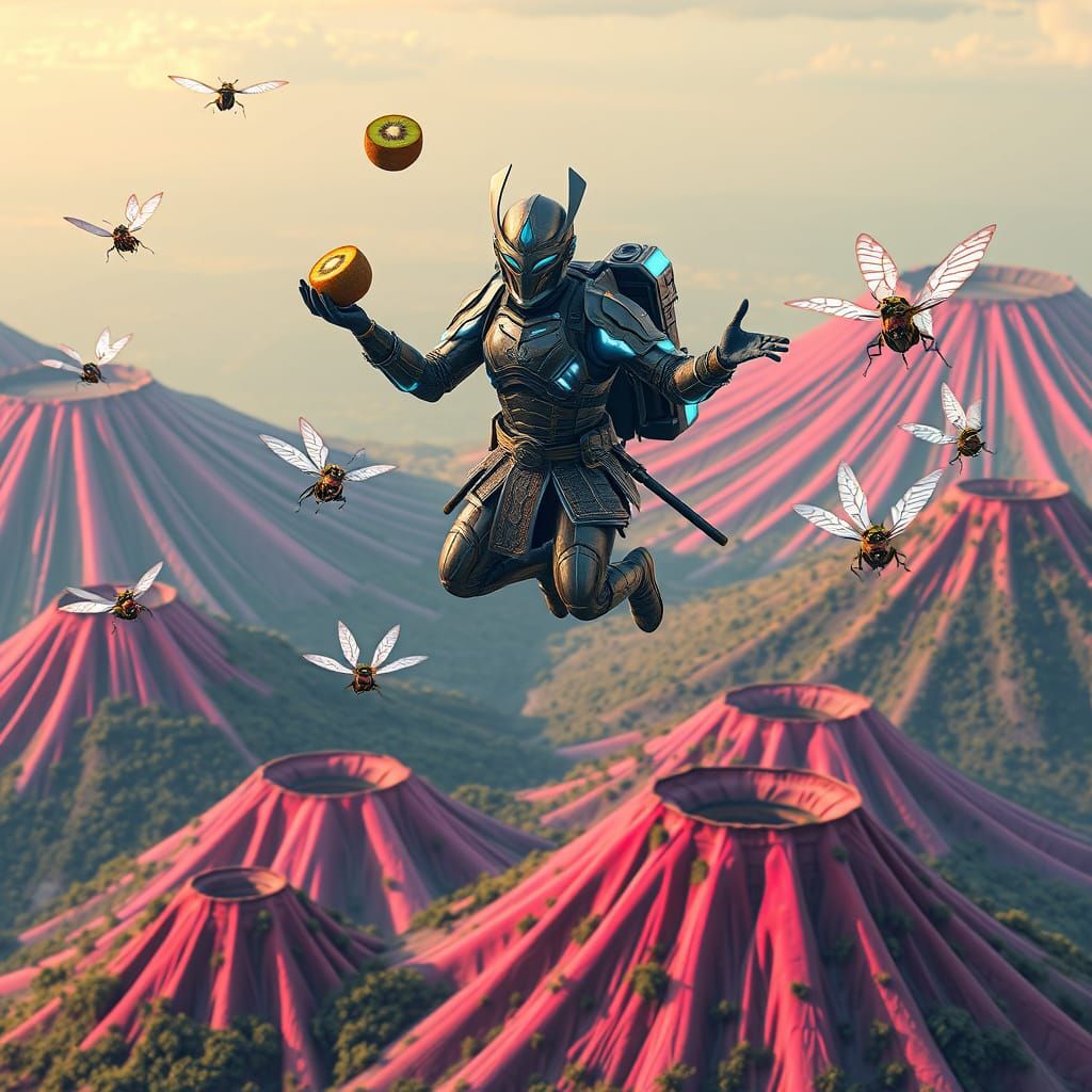 Neon Samurai Soars Above Futuristic Pink Volcanoes
