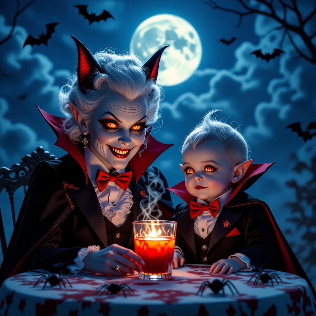 Vampire Duo: Elderly Woman and Baby in Gothic Halloween Scen...