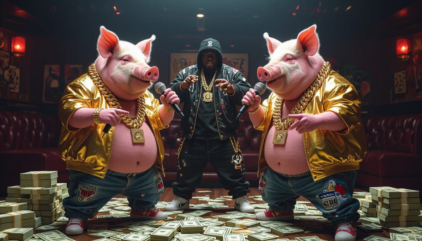 Pigs Battle Rapping in Nightclub, in Street Art Style
